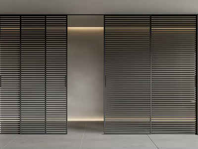 Black Metal Slatted Sliding Doors Enhancing Modern Indoor Space With Warm Light 3d model