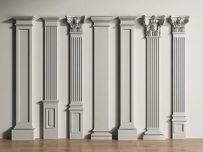 Different White Columns With Decorative Capitals Arranged Against Indoor Wall And Wooden Floor 3d model