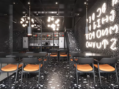 Modern Restaurant Interior Design With Black Walls Neon Signs Orange Chairs And Black Tables 3d model