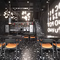 Modern Restaurant Interior Design With Black Walls Neon Signs Orange Chairs And Black Tables
