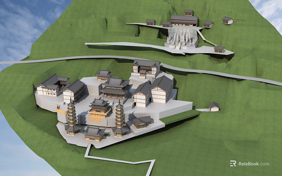 Ancient Architecture Complex On Hillside With Traditional Buildings And Winding Paths 3d model