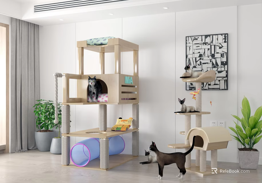 Multilevel Cat Tree Furniture With Scratching Posts For Indoor Cats 3d model 