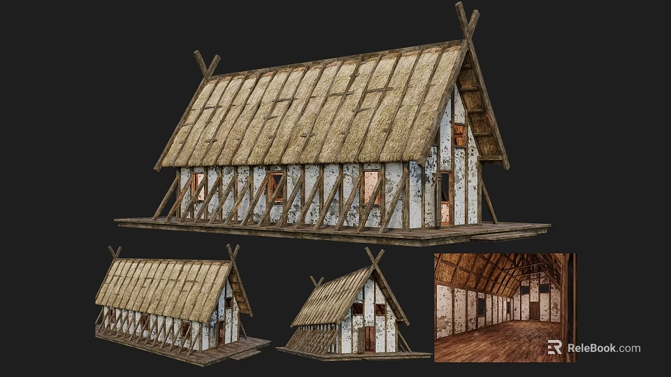 Ancient Traditional Building With Thatched Roof Wooden Frames And Interior Details 3d model 