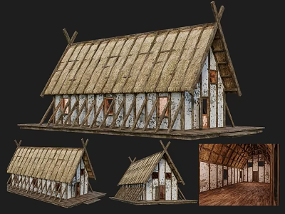 Ancient Traditional Building With Thatched Roof Wooden Frames And Interior Details 3d model