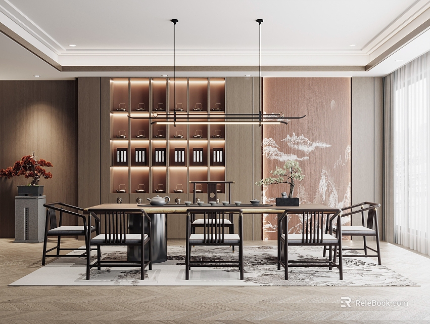 Modern Chinese Tea Room Interior Design With Wooden Bookshelves Tea Sets And Hanging Lamps 3d model 