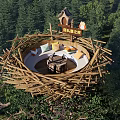 Garden Landscape In Forest Featuring Tree Nest Shaped Structure With Cozy Seating Fire Pit 3d model