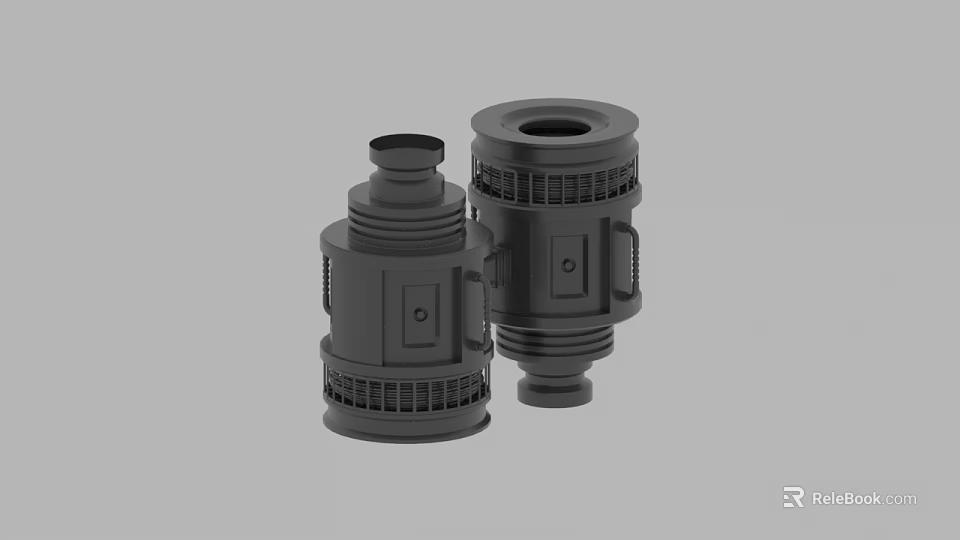 Two Black Industrial Mechanical Components With Circular Holes And Grid Patterns 3d model 