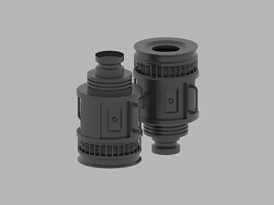 Two Black Industrial Mechanical Components With Circular Holes And Grid Patterns 3d model