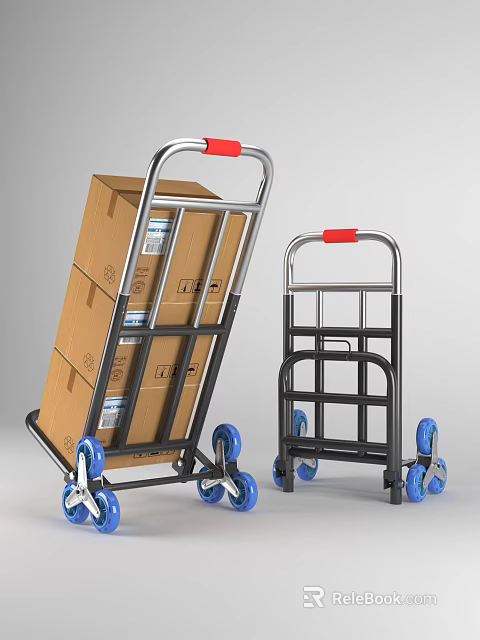 Metal Frame Hand Trucks With Blue Wheels And Cardboard Boxes 3d model 