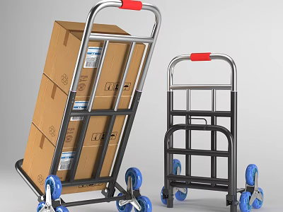 Metal Frame Hand Trucks With Blue Wheels And Cardboard Boxes 3d model