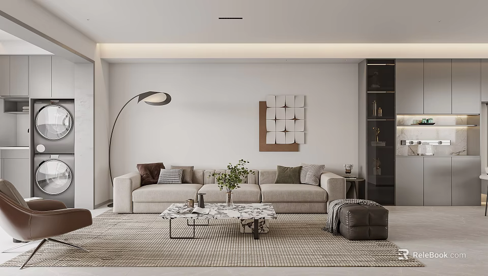 Modern Living and Dining Room Interior With Beige Sofa Coffee Table And Decorative Painting 3d model 