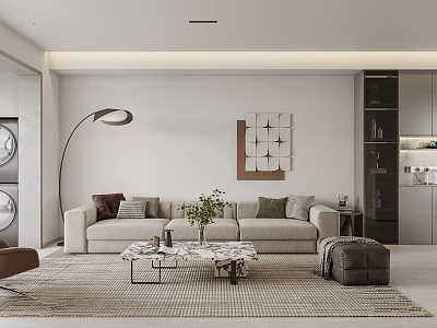 Modern Living and Dining Room Interior With Beige Sofa Coffee Table And Decorative Painting 3d model