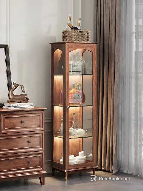 Wooden Buffet Cabinet With Glass Doors Interior Lighting And Decorative Items 3d model 