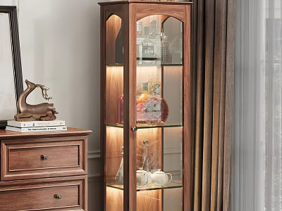 Wooden Buffet Cabinet With Glass Doors Interior Lighting And Decorative Items 3d model