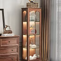Wooden Buffet Cabinet With Glass Doors Interior Lighting And Decorative Items
