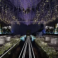 Gorgeous Banquet Hall Interior With Hanging Decorations Chandeliers Dining Tables And Green Plants