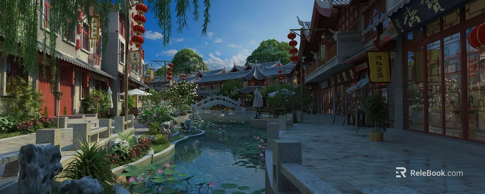 Traditional Chinese Commercial Street With Red Lanterns Small Bridge Lotus Pond And Willow Trees 3d model 