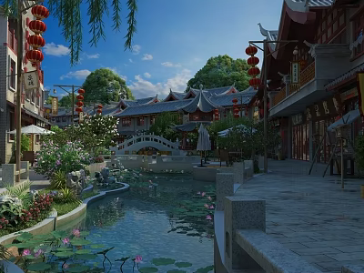 Traditional Chinese Commercial Street With Red Lanterns Small Bridge Lotus Pond And Willow Trees 3d model