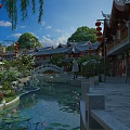 Traditional Chinese Commercial Street With Red Lanterns Small Bridge Lotus Pond And Willow Trees