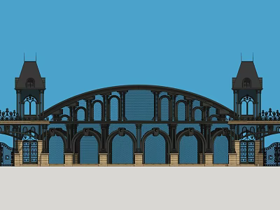 Twin Towers With Classical Decorative Arch Bridge Structure Under Blue Sky 3d model