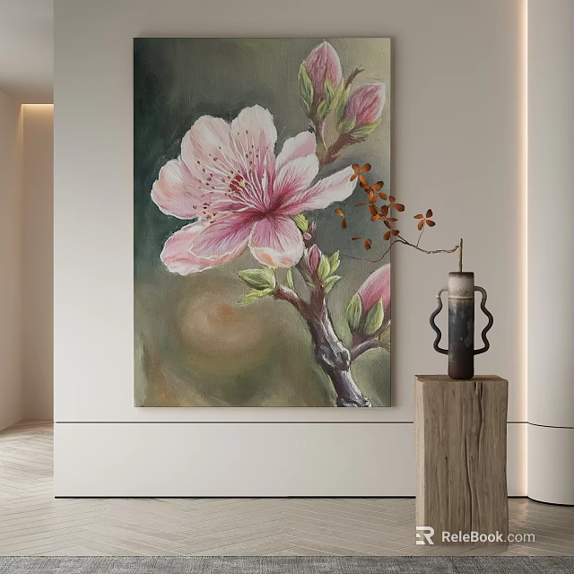 Abstract Painting Featuring Pink Flower Branch With Green Leaves On Wall 3d model 