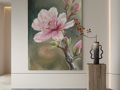 Abstract Painting Featuring Pink Flower Branch With Green Leaves On Wall 3d model