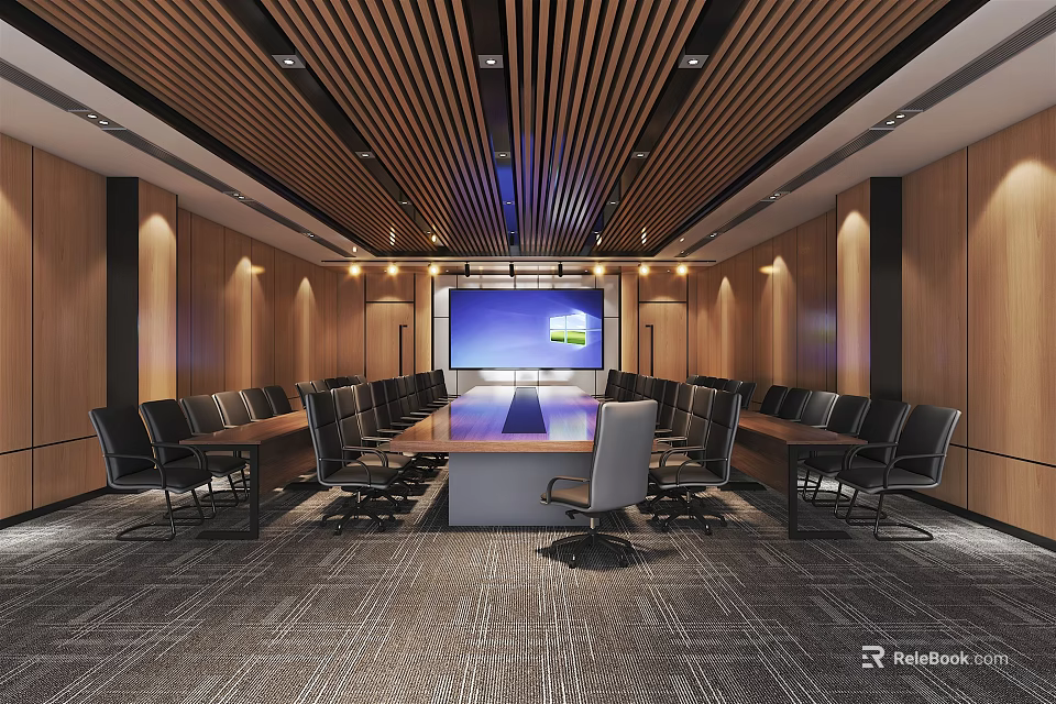 Modern Conference Room Interior Design With Wooden Ceiling Long Table Large Screen And Comfortable Chairs 3d model 