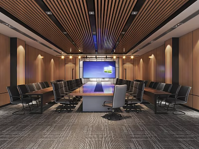 Modern Conference Room Interior Design With Wooden Ceiling Long Table Large Screen And Comfortable Chairs 3d model