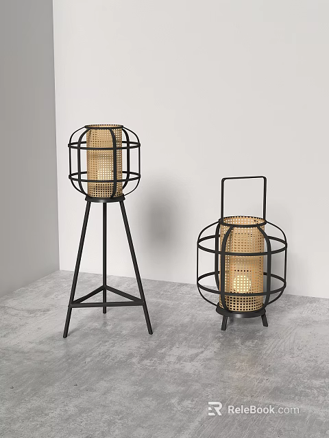 Modern Industrial Lighting Combination With Black Metal Frames And Woven Lampshades 3d model 