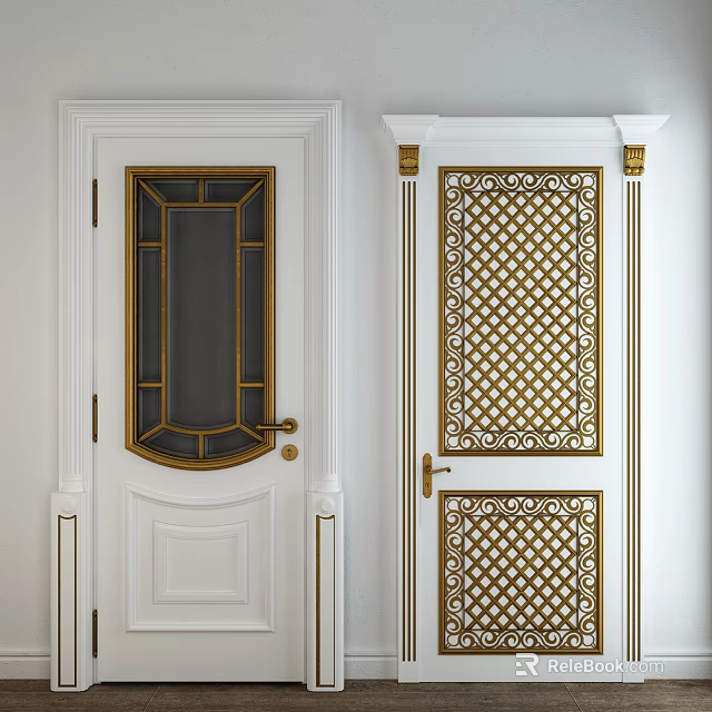 Elegant White Hinged Door With Golden Decoration Glass Panes And Lattice Design 3d model 