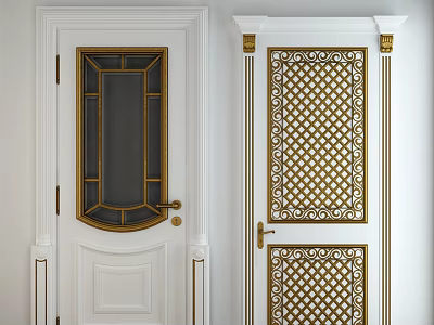 Elegant White Hinged Door With Golden Decoration Glass Panes And Lattice Design 3d model