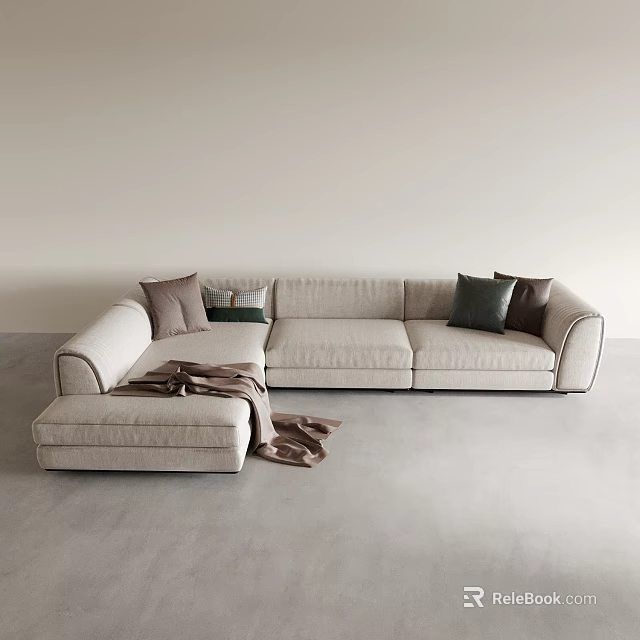 Modern beige multi-seat sofa with colored cushions and brown blanket on gray floor light wall 3d model 