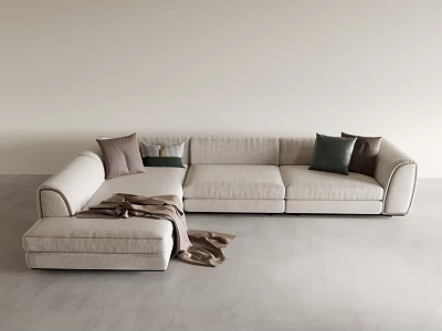 Modern beige multi-seat sofa with colored cushions and brown blanket on gray floor light wall 3d model