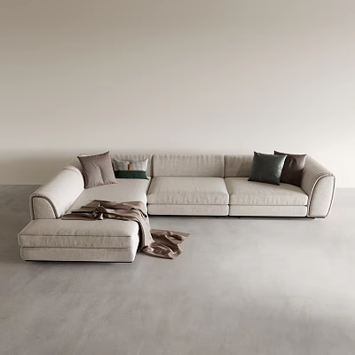 Modern beige multi-seat sofa with colored cushions and brown blanket on gray floor light wall 3d model