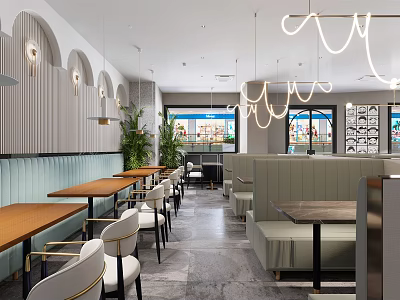 Modern Restaurant Interior With Hanging Lights Booths Tables Chairs Green Plants And Windows 3d model