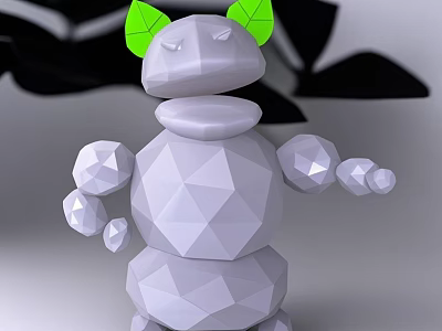 Low Poly 3D Robot Character With Green Leaf Ears Polygonal Body And Black Leaf Background 3d model