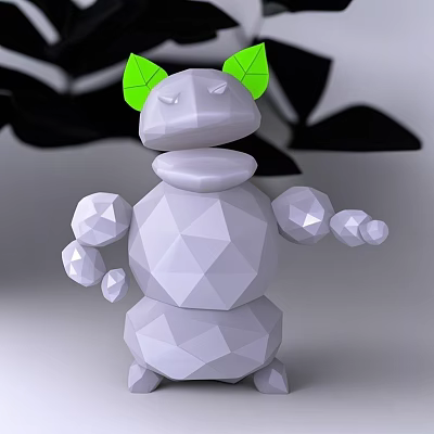 Low Poly 3D Robot Character With Green Leaf Ears Polygonal Body And Black Leaf Background 3d model