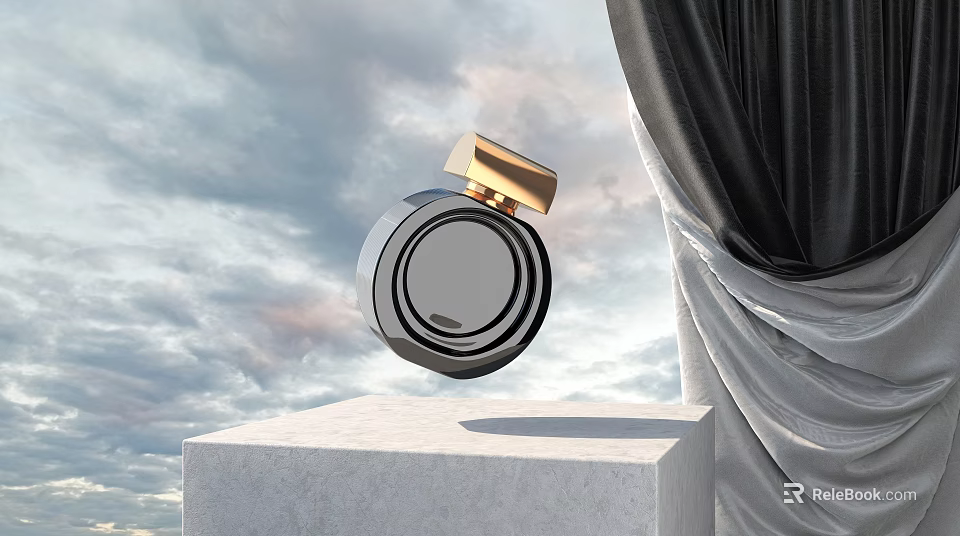 Luxury Perfume Bottle On White Pedestal With Cloudy Sky And Black Curtain 3d model 