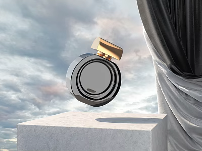 Luxury Perfume Bottle On White Pedestal With Cloudy Sky And Black Curtain 3d model