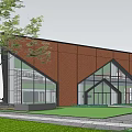 Modern Red Brick Sales Office Building With Glass Facade And Landscaped Greenery