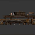 Rustic Wooden Dining Table With Bench Chairs Stump Stools Tablecloth Bowl And Fruits