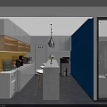 Modern Office Break Room With White Cabinets Wooden Shelves Island Counter And Blue Walls