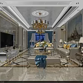 Luxurious Living Room TV Stand Design With White Ornate Frame Chandelier And Sofa