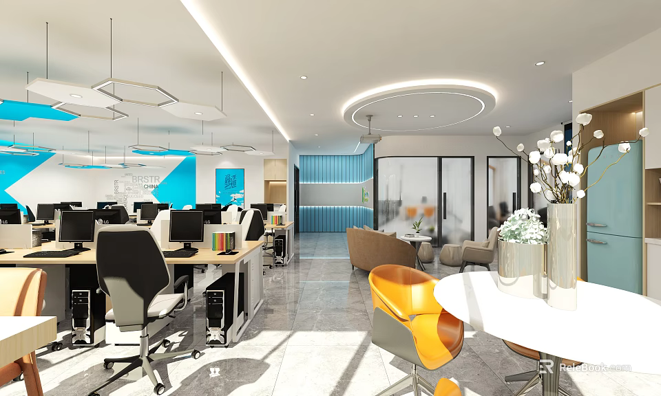 Modern Public Office Space Interior With Open Layout Desks Computers And Lounge Area 3d model