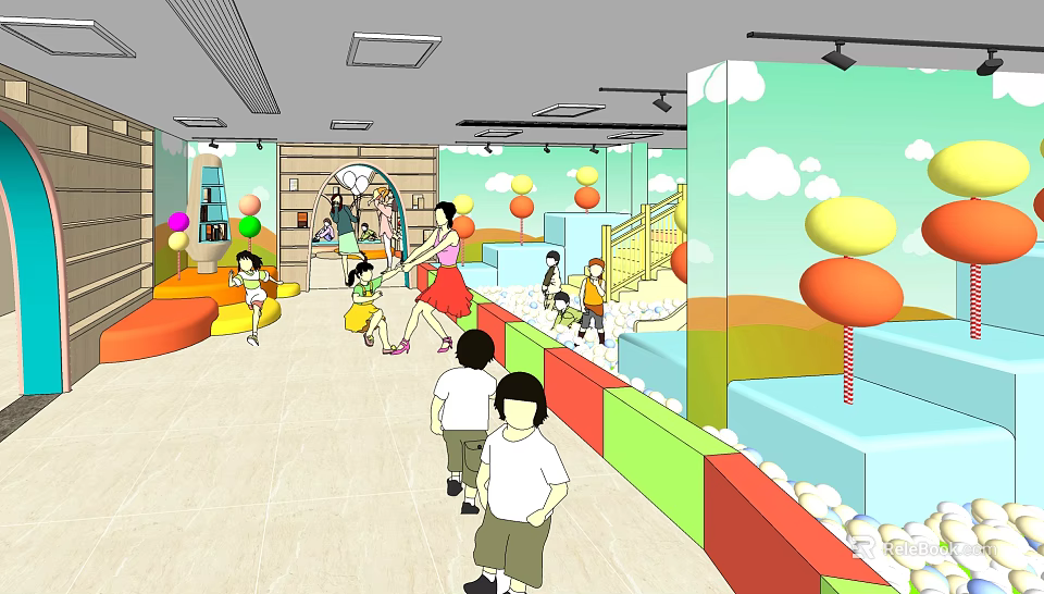 Indoor Children Playground With Colorful Slide Ball Pit Balloons And Kids Playing 3d model 
