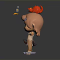 3D Cartoon Game Character With Orange Hair Red Creature On Head Yellow Eyes Red Stripes