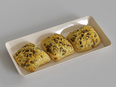 Freshly Baked Three Golden Pumpkin Seed Topped Breads Served On White Rectangular Plate 3d model