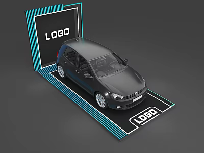 Modern Display Showcase Shelf Featuring Black Car Model and LOGO Stripes Design 3d model