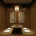Japanese Style Restaurant Interior With Stone Wall Circular Window Green Plants And Wooden Furniture