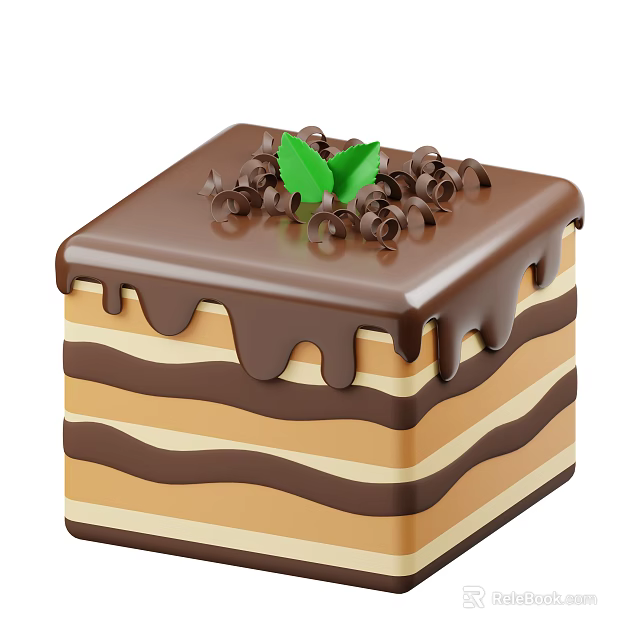 Layered Chocolate Cake With Dripping Ganache Topped With Chocolate Curls And Green Leaf 3d model 